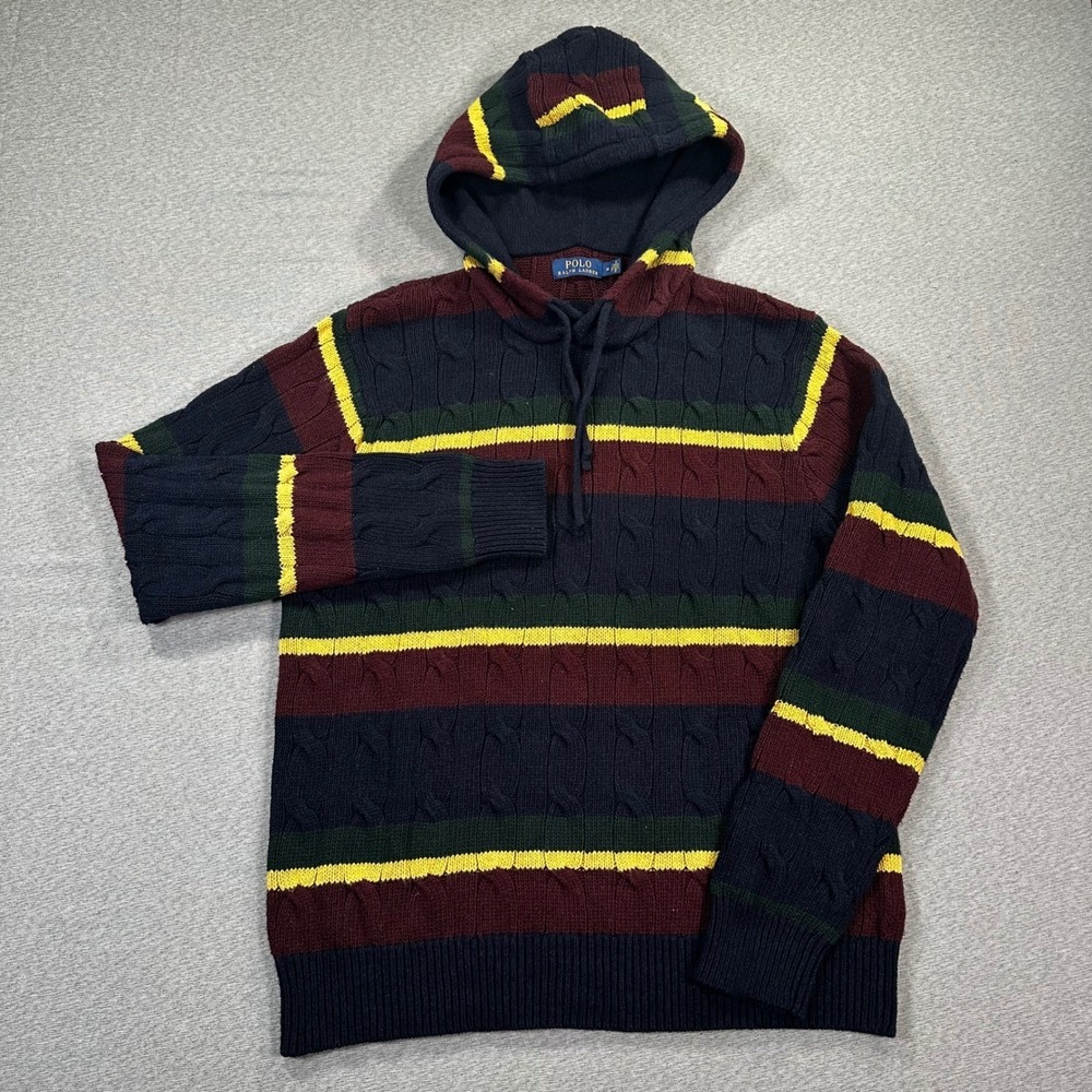 Polo Ralph Lauren St Andrews Rugby Cable Knit Hoodie Mens M Striped Sweater EUC
